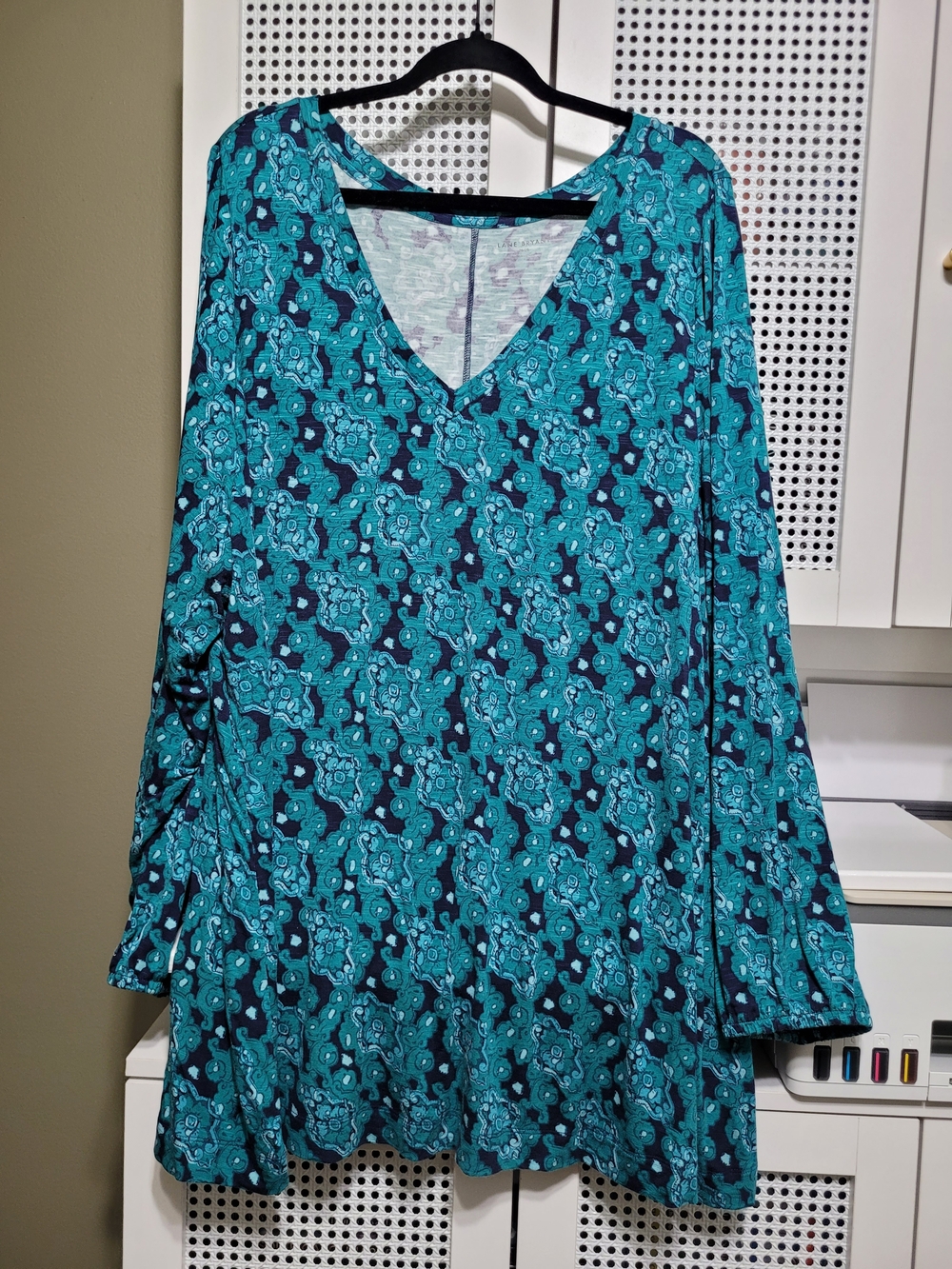 Lane Bryant Teal and Navy Paisley V‑Neck Long Sleeve Top